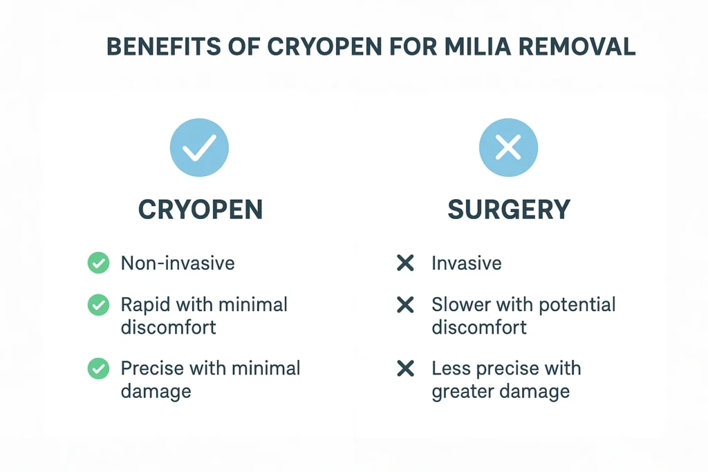 Benefits of cryopen for milia removal Worcestershire compared to surgical treatments.
