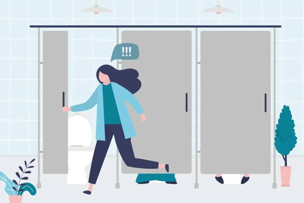 graphic of Urine incontinence Worcestershire woman running to the toilet.
