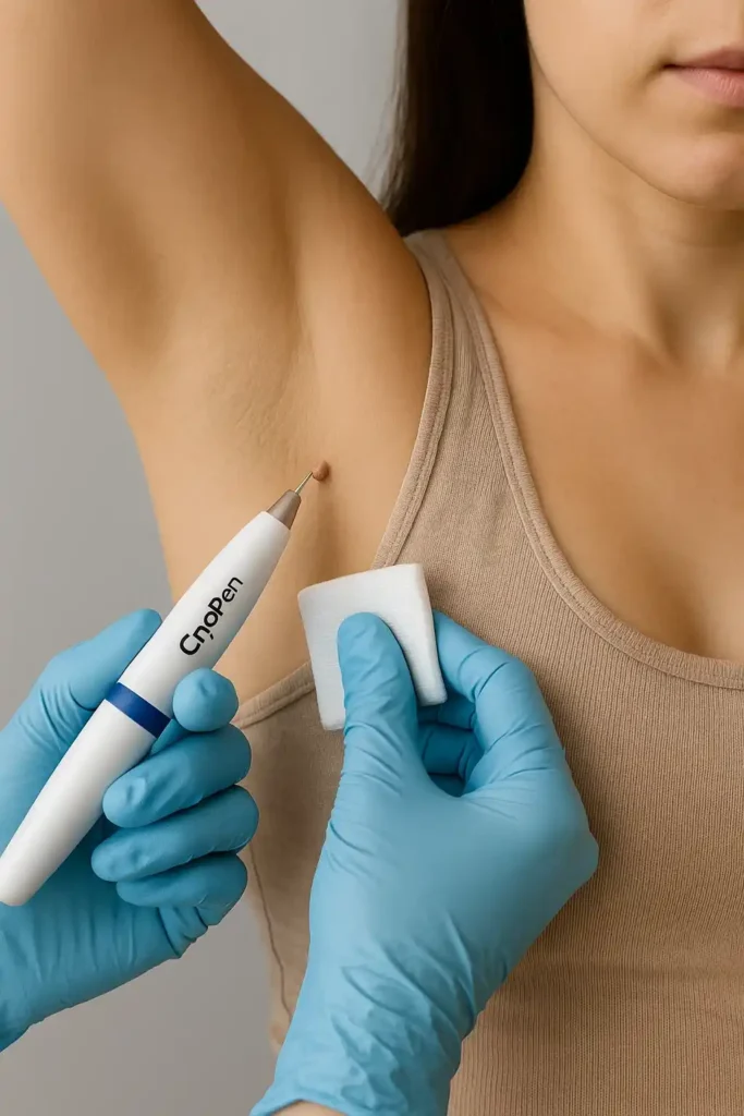 woman having cryopen to remove underarm skin tags Worcestershire