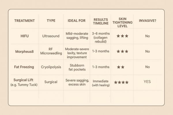 Table showing the comparisons of Skin tightening Worcestershire treatment options.